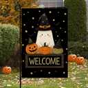 Halloween Garden Flag With Cute Friendly Ghost And Three Pumpkins Outdoor Yard Decor 12x18 Inch Double Sided Seasonal Fall Flags For Front Porch Lawn Decor Welcome Spooky Holiday Decoration