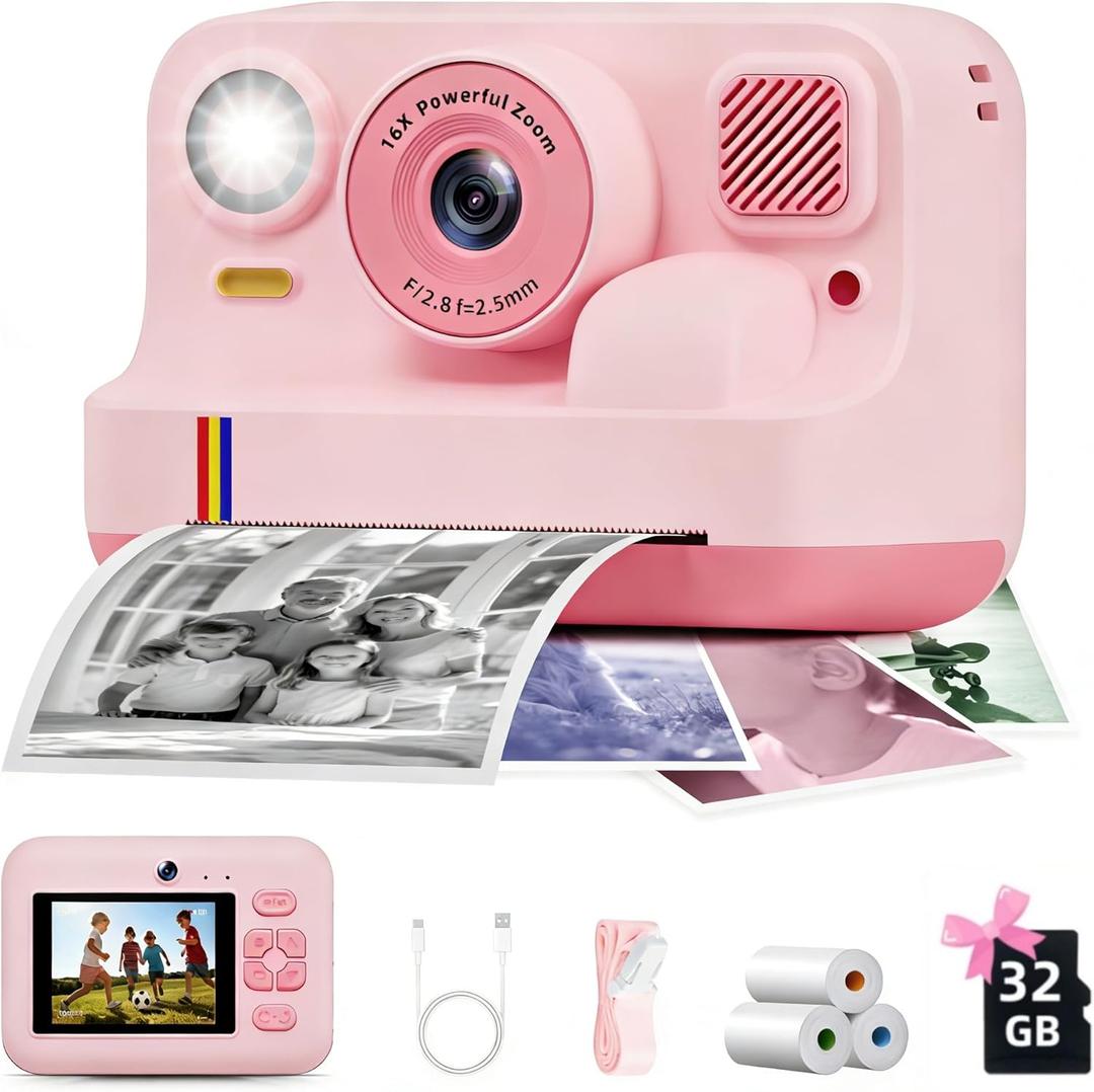 Instant Print Camera for Kids, Christmas Birthday Gifts for Girls Boys Age 3-15, 1080P Selfie Portable Digital Video Camera with 32GB SD Card, 3-Colored Print Paper- Pink