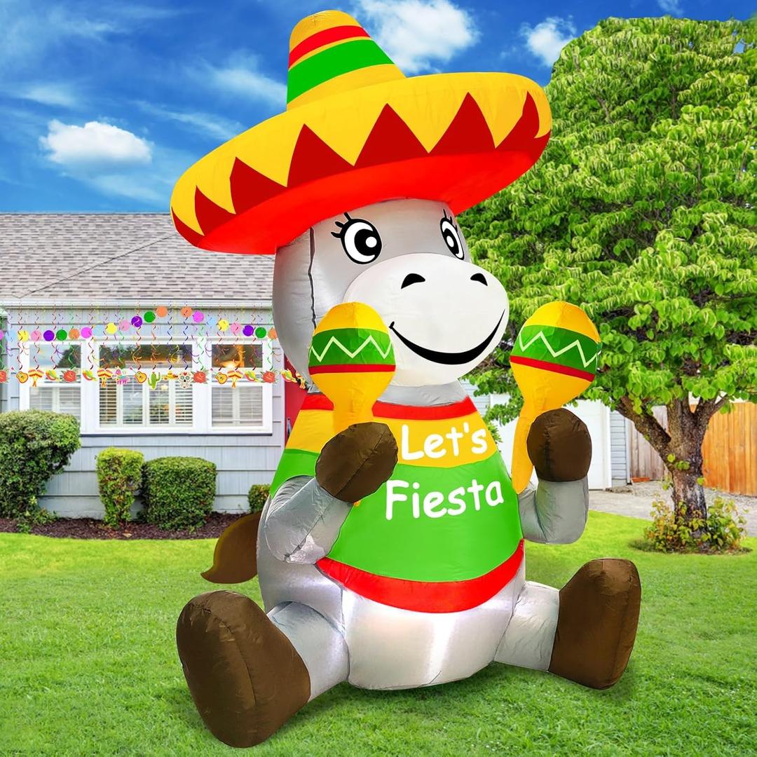 TURNMEON 6 Ft Tall Cinco De Mayo Inflatable Decorations Outdoor Sitting Donkey with Taco Sombreros Fiesta Maracas LED Lights Blow Up Holiday Party Indoor Yard Garden Lawn May 5 Mexican Summer Decor