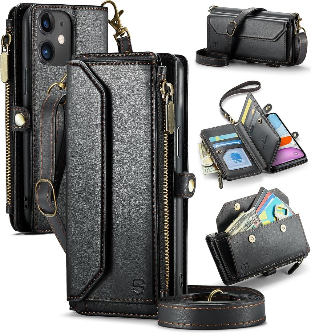 Strapurs Wallet Case Compatible with iPhone 11 RFID Blocking 7-Card Holder Soft PU Leather Magnetic Snap Shoulder Strap Zipper Pocket Phone Case Fit for iPhone 11 for Women 6.1" - Black