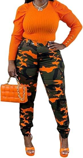 Women's Casual Cargo Camouflage Camo Pants with Pocket XXXL Orange Camouflage