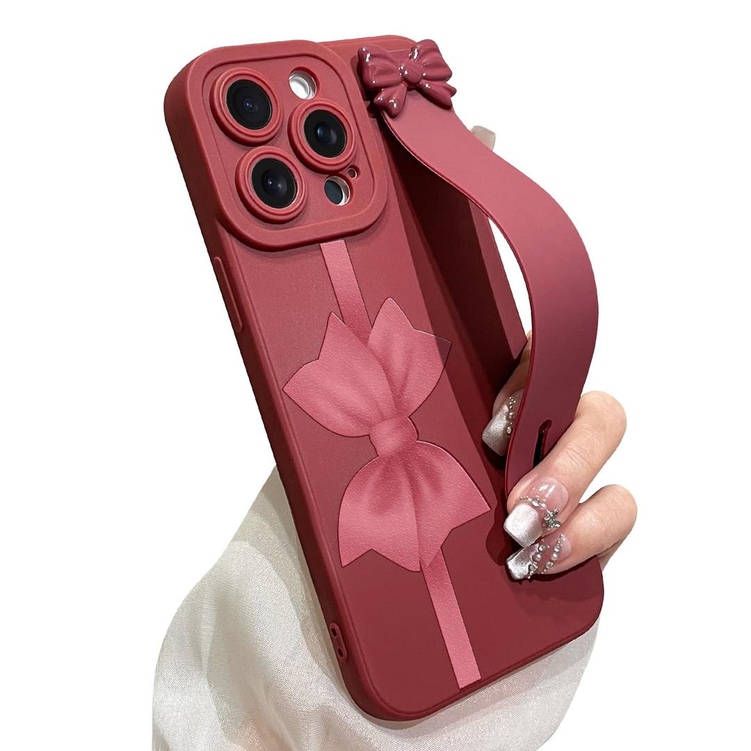 jueaes Cute Bow Case for iPhone 14 Pro with Finger Hand Wrist Strap