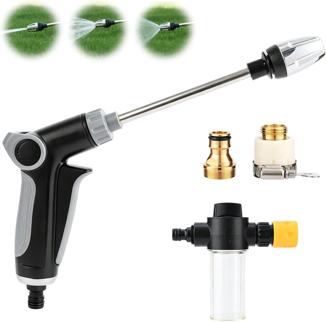 Turn Any Hose Into A High-Pressure Water Jet,Heavy Duty Garden Hose Nozzle,Multi Function Lawn & Garden Watering Sprayer,Spray Nozzles for Cleaning Yard Pets Car,Three Spray Modes with Foam Pot (A)