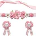 Pink Maternity Sash Set Daddy and Mommy to be Corsage Pin Flowers Baby Shower Souvenir Sash Supplies Gender Reveal Decorations Pregnancy Photography PropsPink