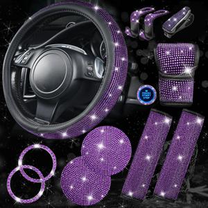 CAR PASS 11PCS Bling Purple Car Steering Wheel Cover Set for Women, Sparkly Rhinestone Diamond Bling Seat Belt Cushion, Glitter Shift Knob Cover, Car Cup Holder Coaster, Interior Sets Violet Purple  14.5"-15"