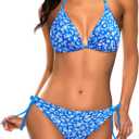 Tempt Me Women Triangle Bikini Sets Halter Two Piece Sexy Swimsuit String Tie Side Bathing Suit (Large, Blue Floral)