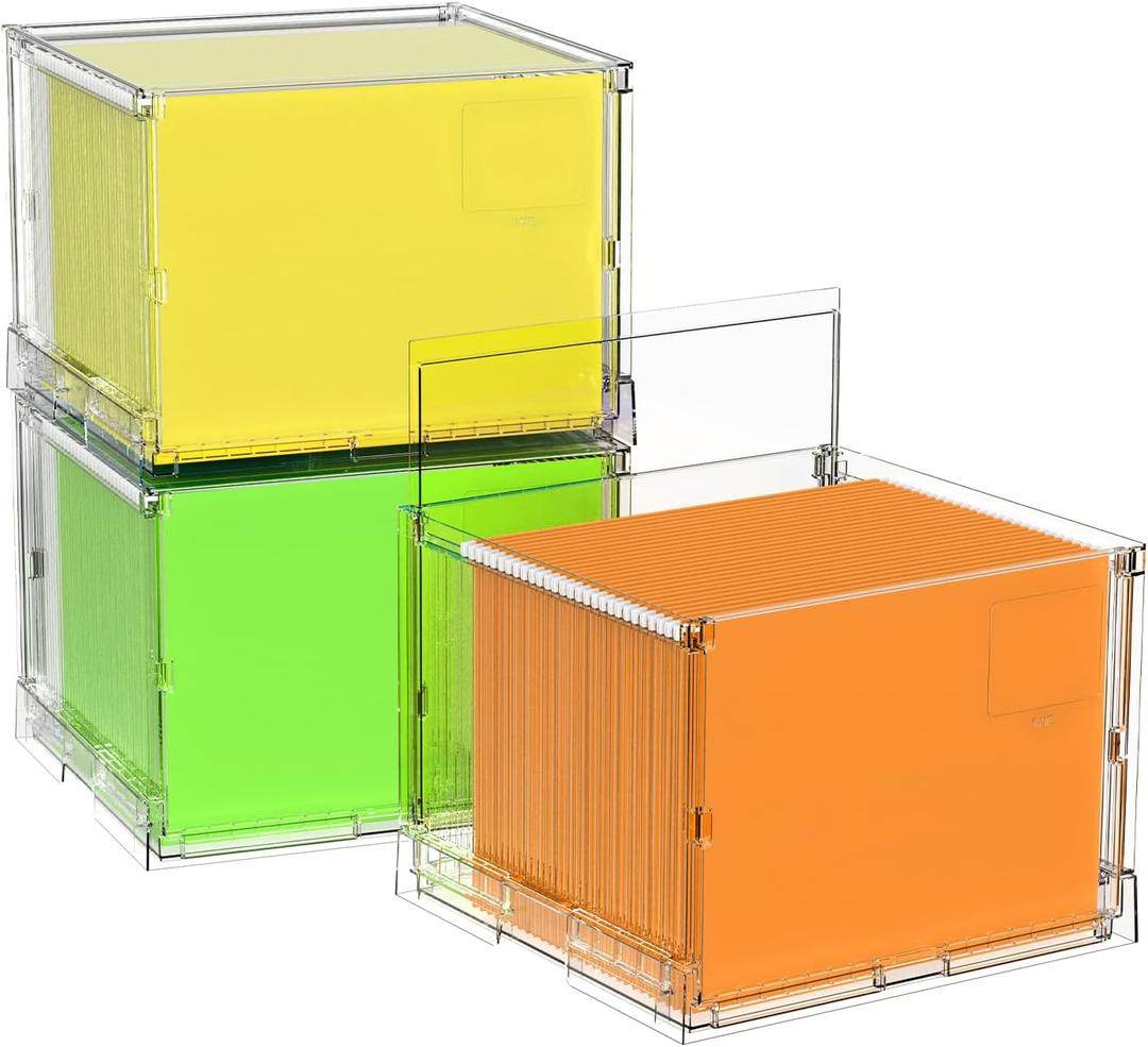 File Organizer Box with Lid, Hanging Filing Folder Organizer for Document Storage with Plastic Slide, Letter-size File Holder Filing Box for Office/Home/Decor/3Pack