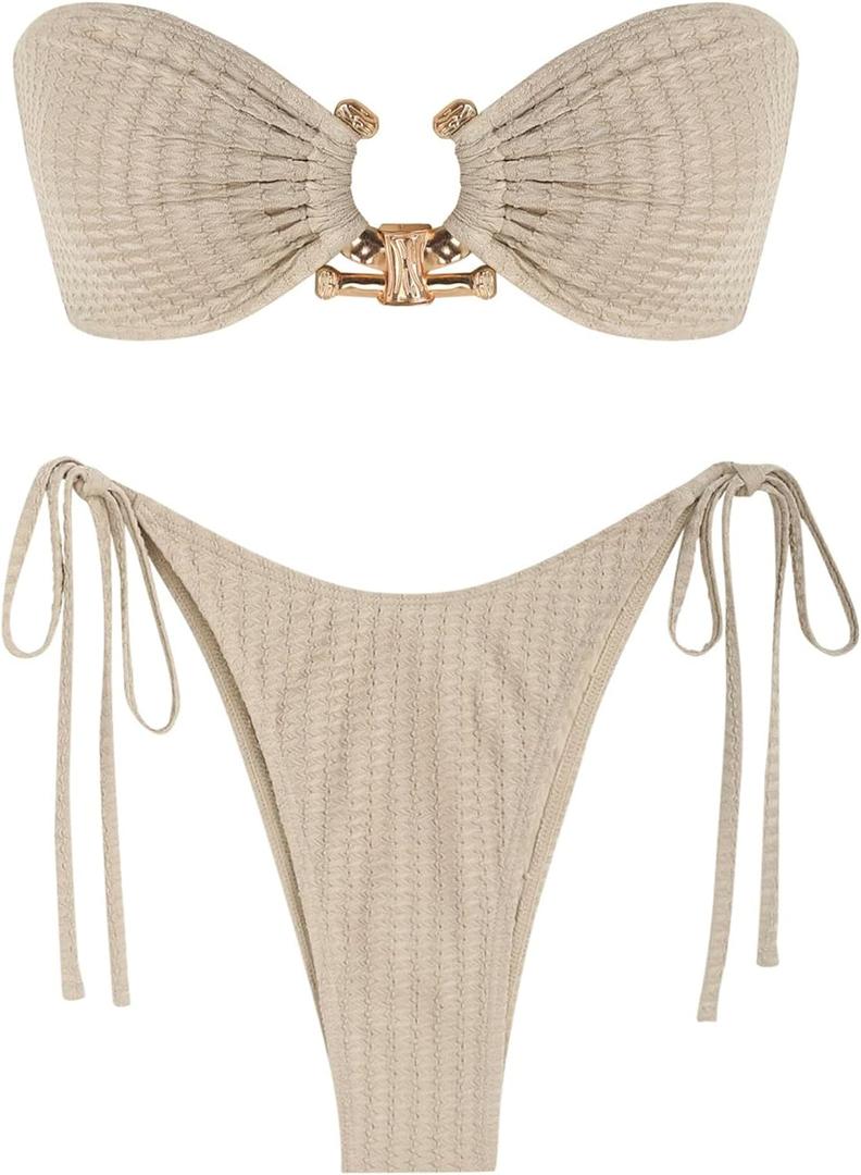 ZAFUL Metal Ring Bandeau Bikini Set Tie Side Bathing Suit High Cut 2 Piece Swimsuit Cutout Swimwear (Medium, Beige)