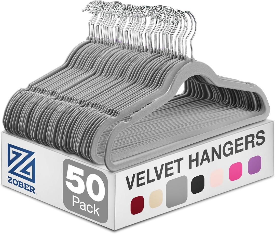 Zober Velvet Hangers 50 Pack - Heavy Duty Gray Hangers for Coats, Pants & Dress Clothes - Non Slip Clothes Hanger Set - Space Saving Felt Hangers for Clothing