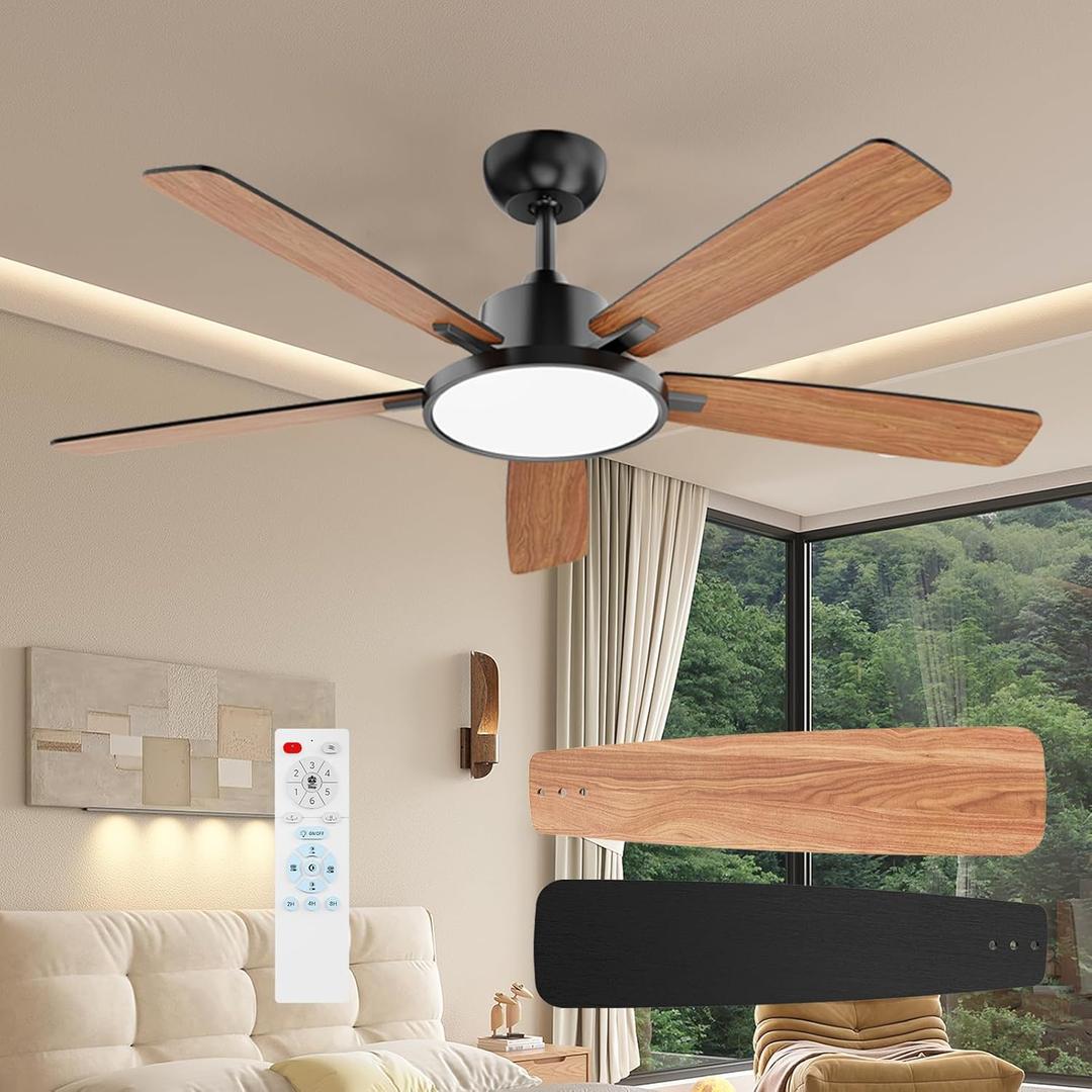 TALOYA 52 Inch Black Ceiling Fans with Lights Led Remote Control Flush Mount Low Profile for Bedroom Living Dining Room Outdoor Farmhouse Patio,Reversible,DC Motor,Diammable,Buzzer ON/Off,5 Blades