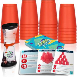 Gamie Stacking Cups Game for Kids - Set Includes 24 Cups, 18 Fun Challenging Cards, and Water Timer - Family Games for Kids and Adults, Indoor Recess Game for Classroom, Gifts for Boys and Girls
