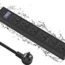 Outdoor Power Strip Waterproof with 6 Outlets, Garden Weatherproof Surge Protector, Christmas Multiple Outlet Exterior Socket for Lighting Appliances. 6FT Extension Cord Strip with Flat Plug. Black