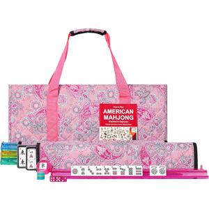 American Mahjong Game Set, 166 White Tiles, 4 All-in-One Color Rack/Pushers, Complete Mahjong Set with Pink Printed Carrying Bag, 10 Inches X 21 Inches X 4 Inches