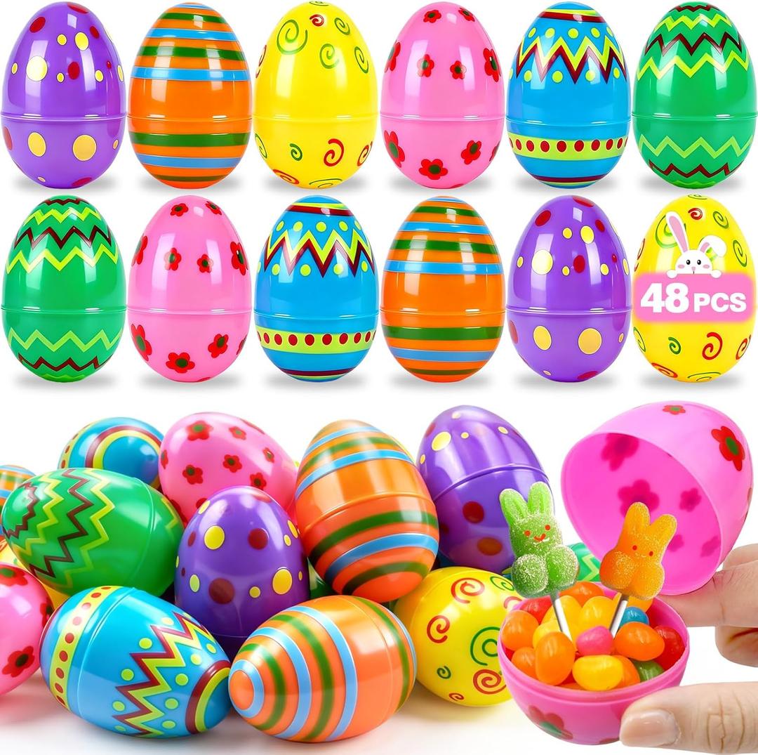 48 PCS 3" Printed Fillable Plastic Easter Eggs - Bright & Colorful Empty Eggs for Kids for Kids Teens Boys Girls Classroom Prizes Easter Basket Stuffers Hunt Easter Party Favor