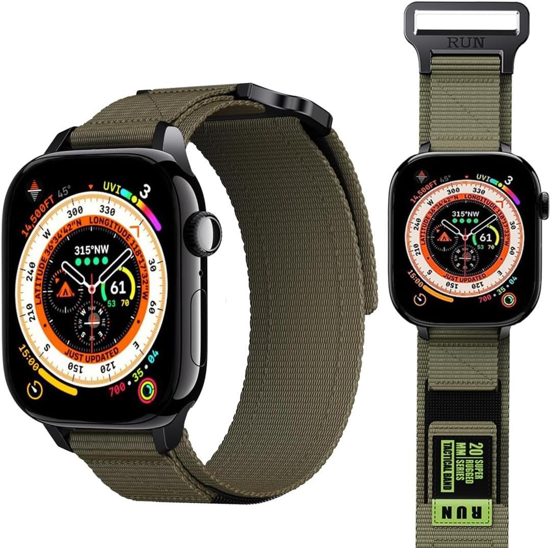Compatible with Apple Watch iWatch Nylon Band Series 10 9 8 7 6 5 4 3 2 1 Ultra FE 49mm 46mm 45mm 44mm 42mm 41mm 40mm 38mm Men Sport Tactical Rugged Loop Breathable Strap (Green)