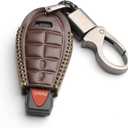 Leather for Dodge Ram Charger Durango Grand Caravan Journey Challenger Remote 3 Buttons Key Case Holder Cover Fob Chain (Brown)