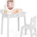 Costzon Kids Vanity, Girls Vanity Set with Mirror and Stool and Lights, Drawer, Jewelry Rack, 2 in 1 Wooden Princess Makeup Desk Dressing Table, Pretend Play Kids Vanity Table and Chair Set (White)