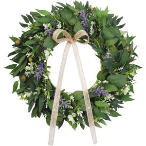 22Inch Spring Eucalyptus Wreath for Front Door Greenery Wreath Door with Olive Boxwood Leaves Bow for Spring Summer All Season Outdoor Home Decor