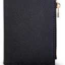 Slim Bi-fold Checkered Quilted Leather Wallet | Classic Minimalist Style w. ID Window/Card Slot/Bill Holder/Zip Coin Pocket for Women (Black - Saffiano Leather)