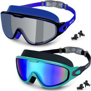 Water Space Swim Goggles 2 Pack for Adult Men Women, Anti-fog UV Protection No Leak 180 Wide View Clear Vision Pool Goggles