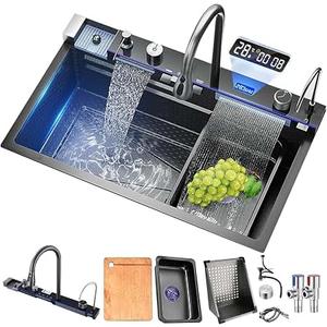 Waterfall Kitchen Sink,Stainless Steel Single Bowl Digital Display Smart Sink Drop In With Various Accessories (Dark Gary, 29.5" x 17.7"x8.7")