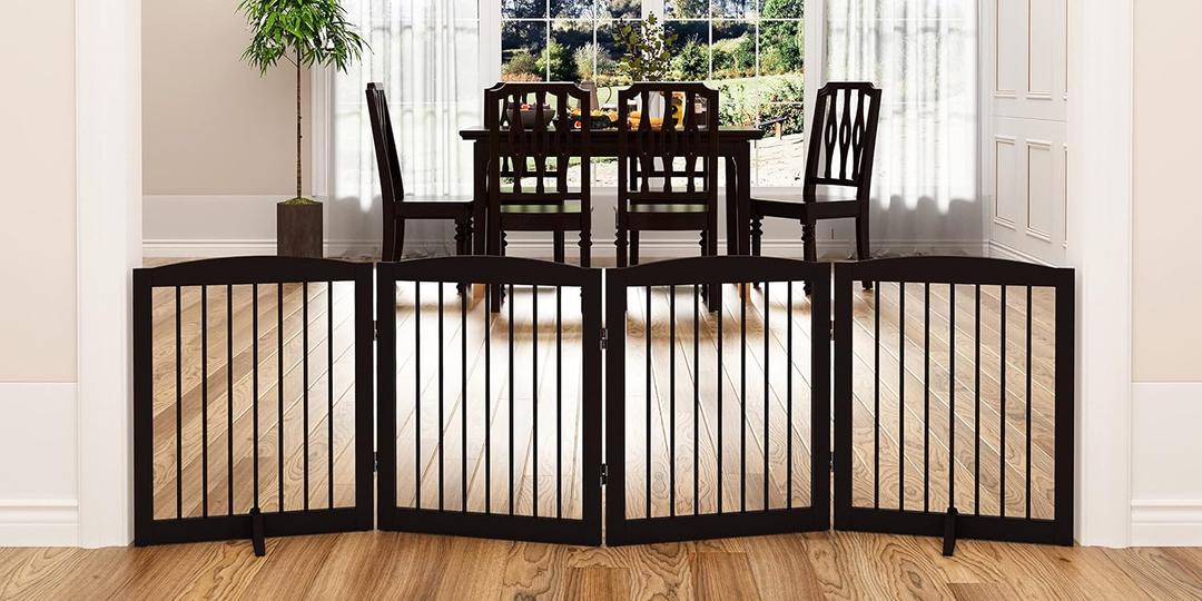 PUPETPO Freestanding Pet Gate for Dogs, Foldable Wooden Dog Gate for House, Indoor Dog Gate for Stair, Doorway, Gates for Dogs Indoor, 80 Inch Wide, 4 Panels 24",Brown