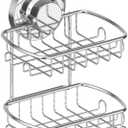 Soap Dish for Shower Suction Cup Powerful Vacuum System Rustproof 304 Stainless Steel Basket Sponges Holder with Razor Hooks for Bathroom or Kitchen Soap Holder, 2 Tier (Silver)