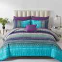 Boho Comforter Set California King Size 8 Piece Bed in a Bag Bohemian Striped Bedding Quilt Set Aqua Paisley Floral Comforter and Sheet Set,Soft Microfiber Complete Bedding Sets for All Season