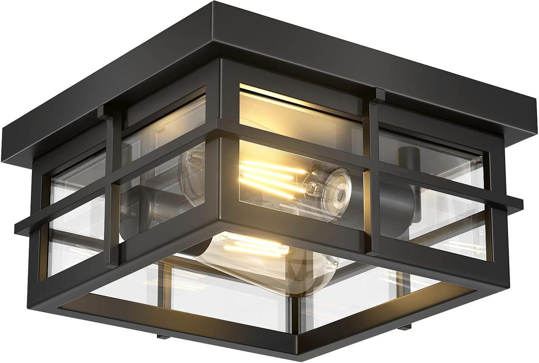 Asnxcju Modern Outdoor Ceiling Light Fixtures, 2-Light Black Flush Mount Light Fixtures with Clear Glass Shade, Farmhouse Square Ceiling Lighting for Porch Bathroom Kitchen (Bulbs Not Included)