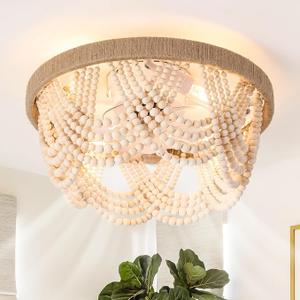 20" Boho Fandelier Ceiling Fan with Light and Remote Control 6 Speeds Low Profile Bladeless Ceiling Fan Wood Beaded Flush Mount Chandelier Fan for Bedroom Living Room
