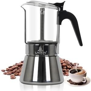 LAOION Stovetop Espresso Maker, 6Cup 240ml Classic Moka Pot, Crystal Glass-top & Stainless Steel Coffee Maker Mocha Pot, Greca De Cafe, Cuban and Italian Coffee Maker for Cafetera Cubana