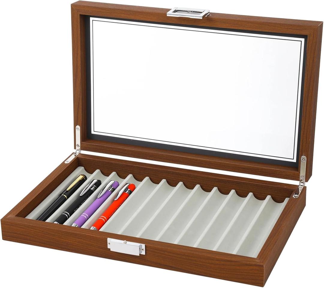 Pen Display Box, Elegant Walnut Fountain Pen Storage Case, 12 Slot Display, Smooth Woodgrain, Glass Cover, Smooth Metal Hinges Pen Display Case Ideal for Collectors