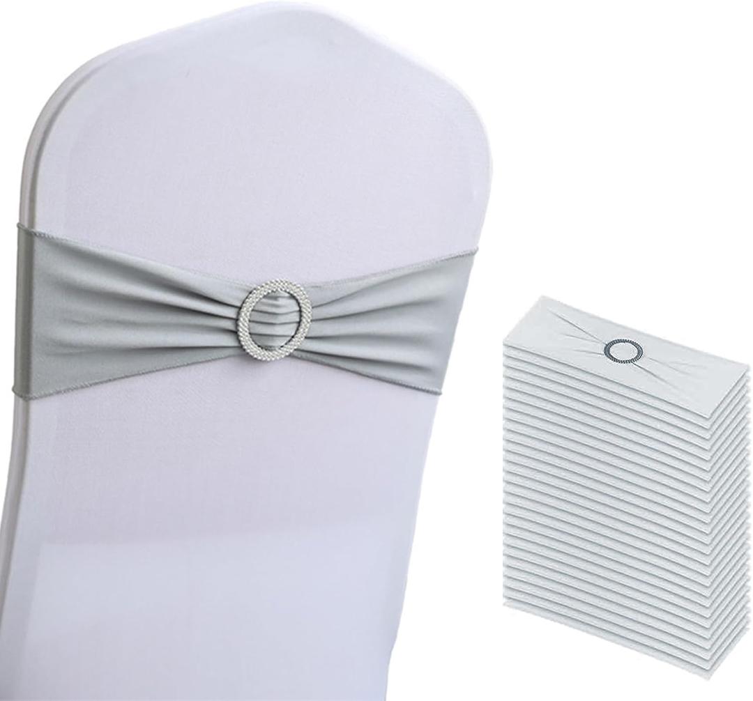 Pack of 30 Spandex Chair Sashes Bow Premium Stretch Chair Cover Band with Buckle Slider Universal fits Elastic Dining Chair Ties for Wedding Party Banquet Events Decoration - Grey