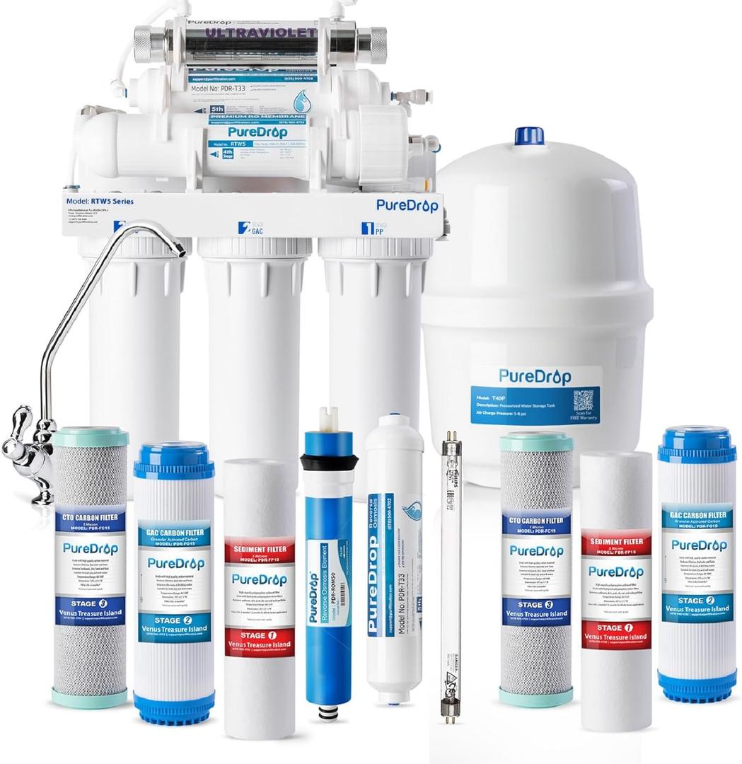 PureDrop RTW5U Reverse Osmosis Water Filter System with UV Protection, 6-Stage Under Sink RO Water Filtration System with Patented Top-Mount Faucet and 3 Extra Pre-Filters