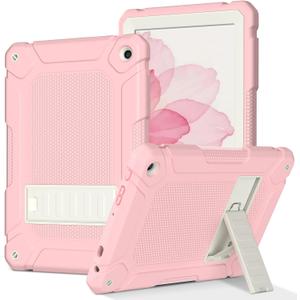 MENZO Case for Fire HD 10 (Only 13th Gen, 2023 Release) Non Waterproof Bracket Design, Layer Duty Shockproof Rugged Case with Kickstand, Pink+Beige