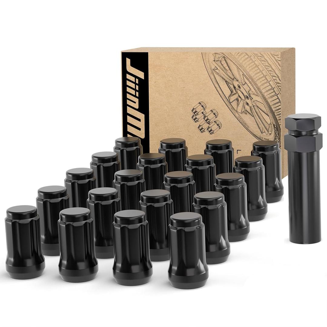 20PCS 1/2x20 Lug Nuts Black with 6 Spline Tuner, 1/2"-20 Locking Lug Nut with 1 Socket Key 60 Degree Conical/Cone Bulge Seat, Fits 1993-2010 Jeep Grand Cherokee 2002-2012 Jeep Liberty