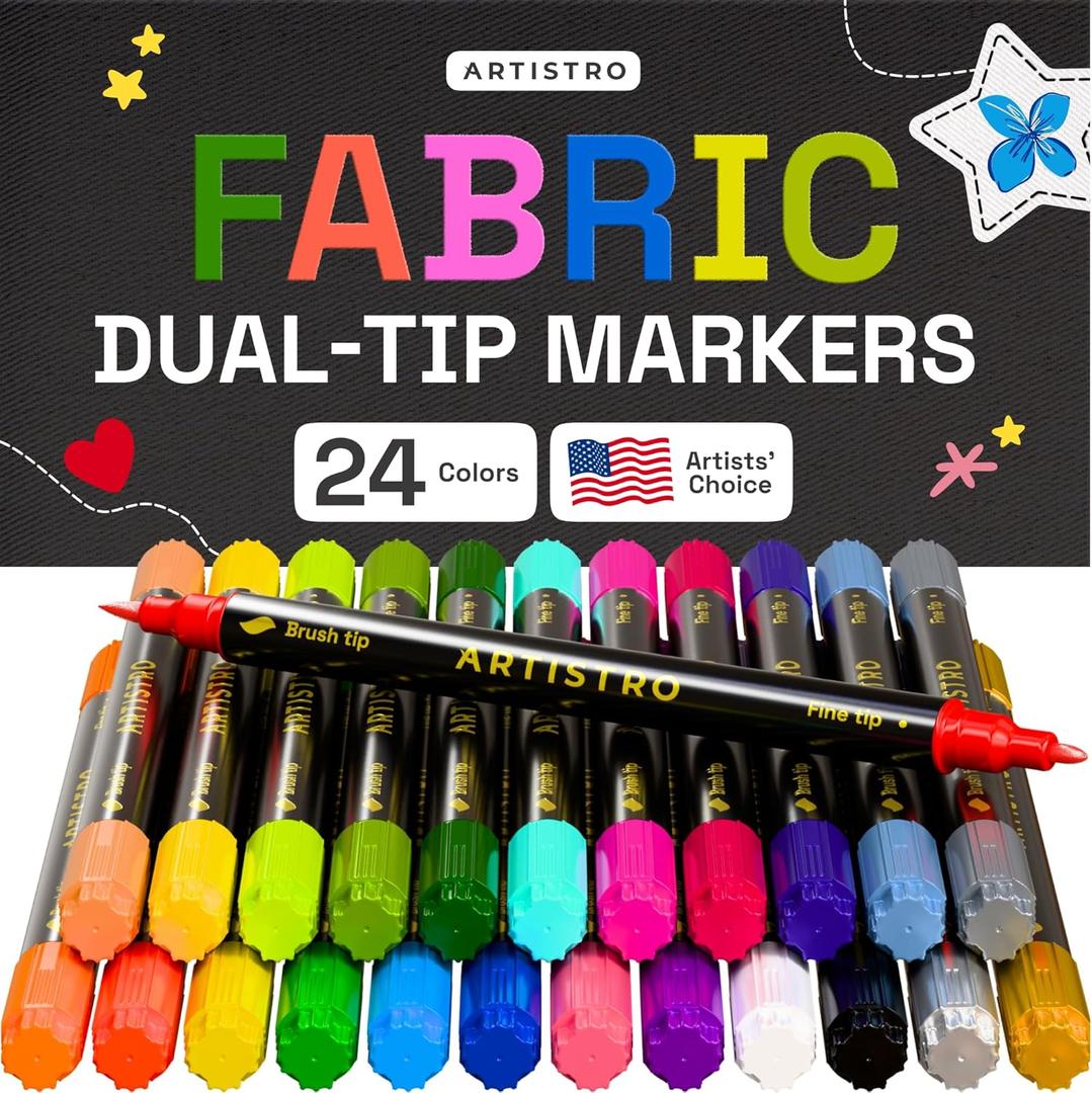 ARTISTRO 24 Dual-Tip Fabric Markers - Fabric Decorating Kit - Permanent for Clothes - No Bleed Pens for T-Shirts, Bags, Textile, Canvas, and More (Brush Tip and Fine Tip)