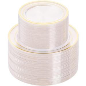 BESTVIP 200PCS Clear Gold Plastic Plate, Disposable Party Plates with 100 Dinner and 100 Dessert Plates, Plastic Plate for Party, Wedding and Birthday