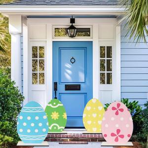 party greeting 4PCS Large Easter Yard Decorations Outdoor Easter Egg Porch Signs Wooden Standing Colorful Egg Outside Welcome Decor for Front Door Lawn Garden Party Decorations Spring Supplies