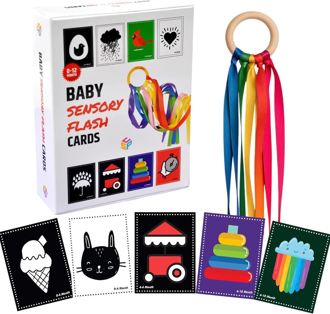 High Contrast Baby Flash Cards, Sensory Visual Stimulation for Newborns 0 12 Months, Black and White to Color, Tummy Time Learning with Bonus Ribbon Toy (30 Large Double Sided, 60 Images)