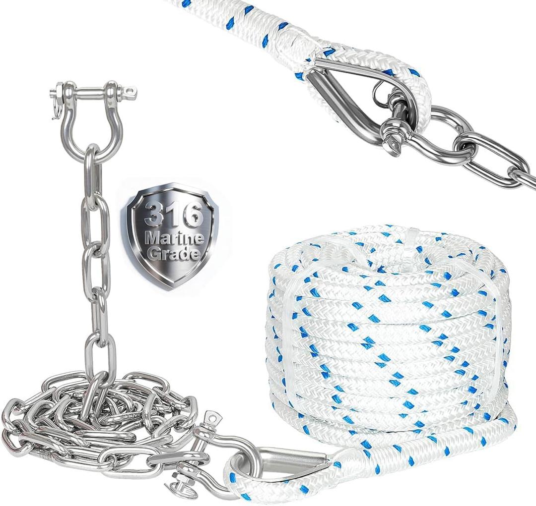 5/8" Boat Anchor Rope 200 FT with 316 Stainless Steel Anchor Chain 5/16" x 10 FT, 5/16" Bow Shackles and 5/8" Thimble, Anchor Rode for Mooring, Boats Pontoon, Deck, Fishing, Sail
