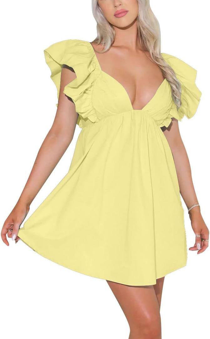 Zebaexf Womens Spring Summer V Neck Knot Back Causal Strap Short Flowy Swing Mini Dress, XS