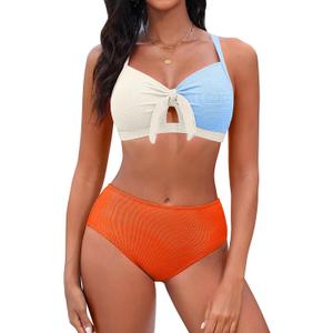 Blooming Jelly Womens High Waisted Bikini Sets Tie Knot Tummy Control Swimsuits Two Piece Bathing Suit Textured Swimwear (Medium, Color Block C5)