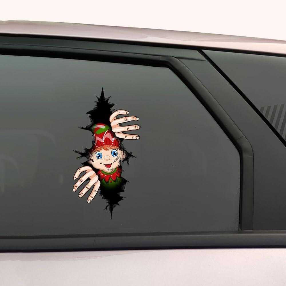 2 x Christmas Peeking Decal for Car Window Funny Santa Claus Snowman Cracking Car Sticker Double-Sided Printed Sticker for Vehicle Laptop Wall Car Decoration (Elf)