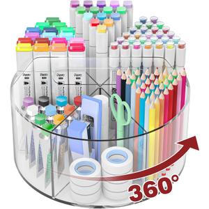 Absonic 250pcs Acrylic Pencil Holder Marker Organizer, 360-Degree Rotating Pen Holder, Crayon Organizers for Kids Pencil Organizer Caddy Art Supply Lazy Susan Organizer for Desk Home School Office (Large - Single - Clear - With Handle)