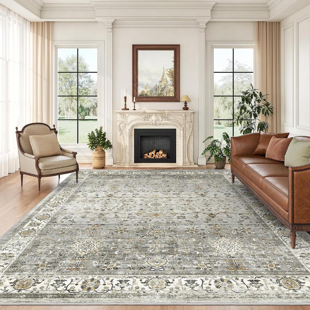 Washable 9x12 Area Rug - Soft Large Rugs for Living Room Thin Stain Resistant Vintage Carpet for Bedroom with Non Slip Backing for Bedroom Dining Room Home Decor (Ivory/Grey,9'x12')
