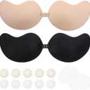 2 Pairs Strapless Sticky Bra with 1Silicone Nipple Covers and 5 Pairs Non-Woven Nipple Covers, Adhesive Bra Push up, Adhesive Strapless Bras, for Backless Dresses Black, Nude