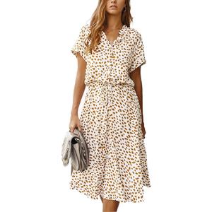BROVAVE Women's Summer Polka Dot Print Shirt Dress Vintage Short Sleeve Button Down Midi Dress (X-Large, White)
