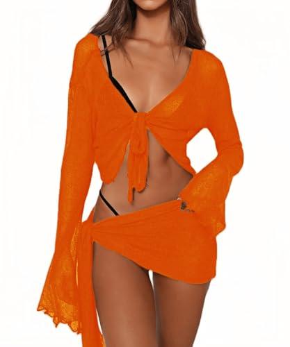 Women's 2 Pieces Outfits Mesh Perspective Suit Swimming Beach Long Sleeve Crop Top and Mini Skirt Set Orange Small