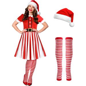 Hillban 3 Pcs Christmas Elf Costume Set Women Short Sleeve Christmas Dress Thigh High Socks Santa Hat (Medium, Strip Style)